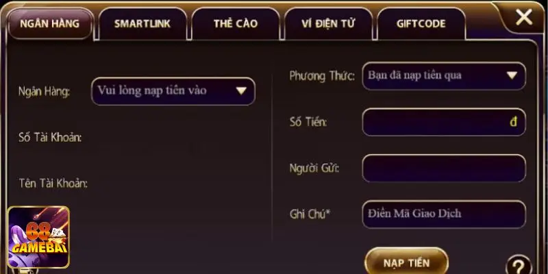 Chi tiết các cách nạp tiền 68 game bài